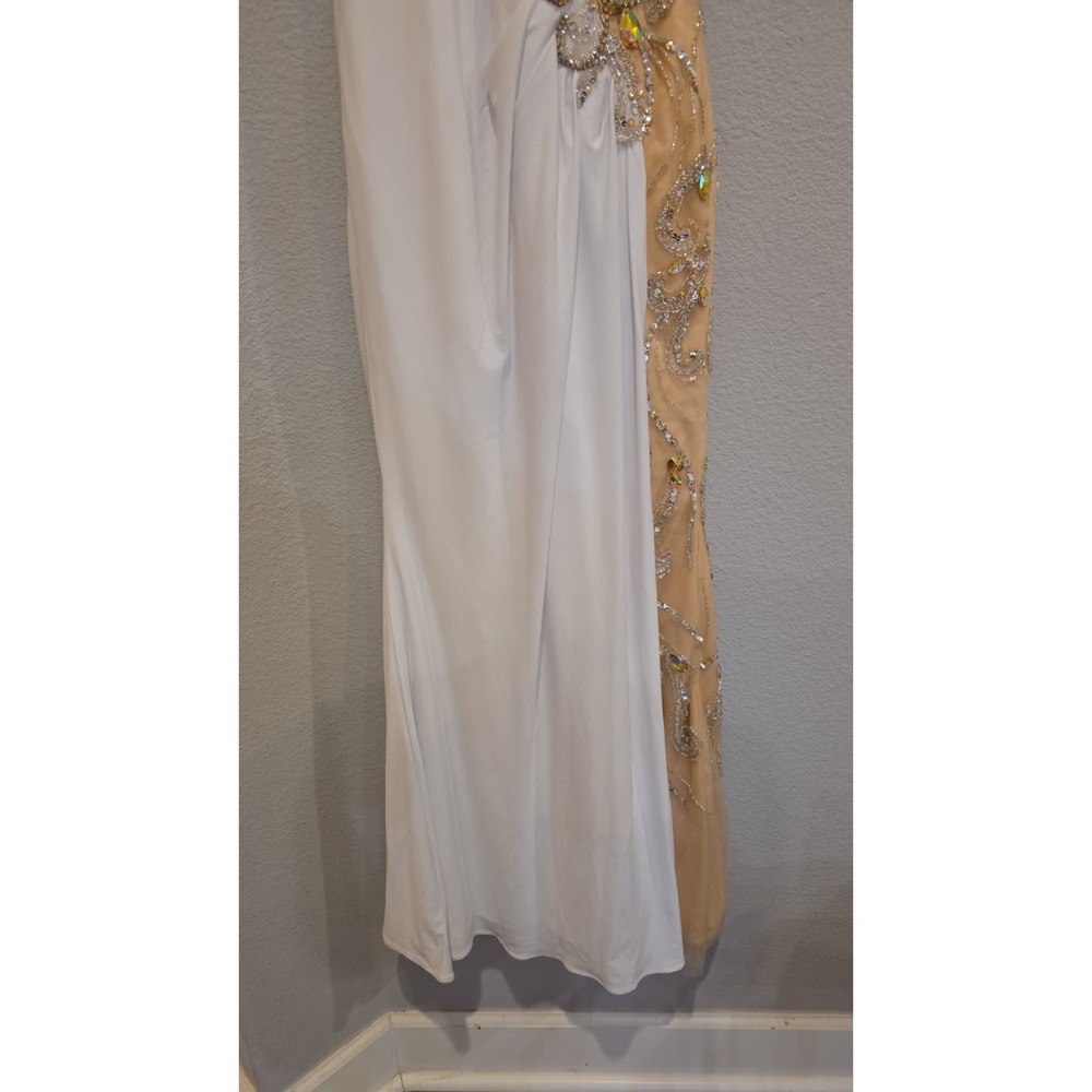 JVN by Jovani White and Gold Beaded Illusion-Back Evening Gown - Picture 12 of 16